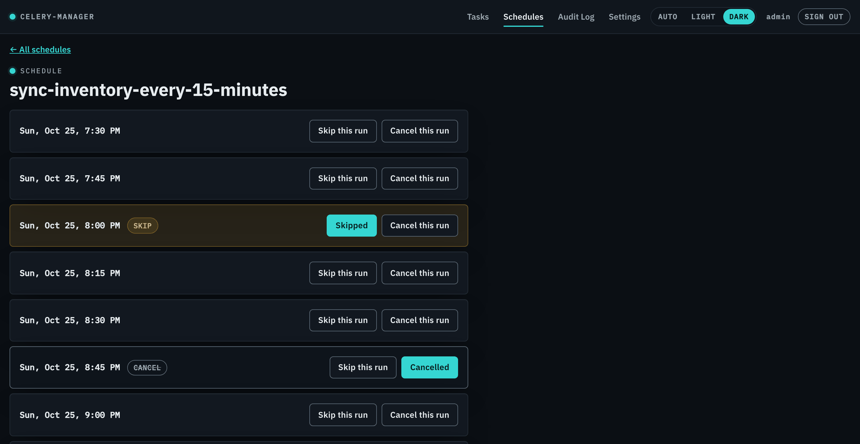 The schedules view with one future occurrence skipped