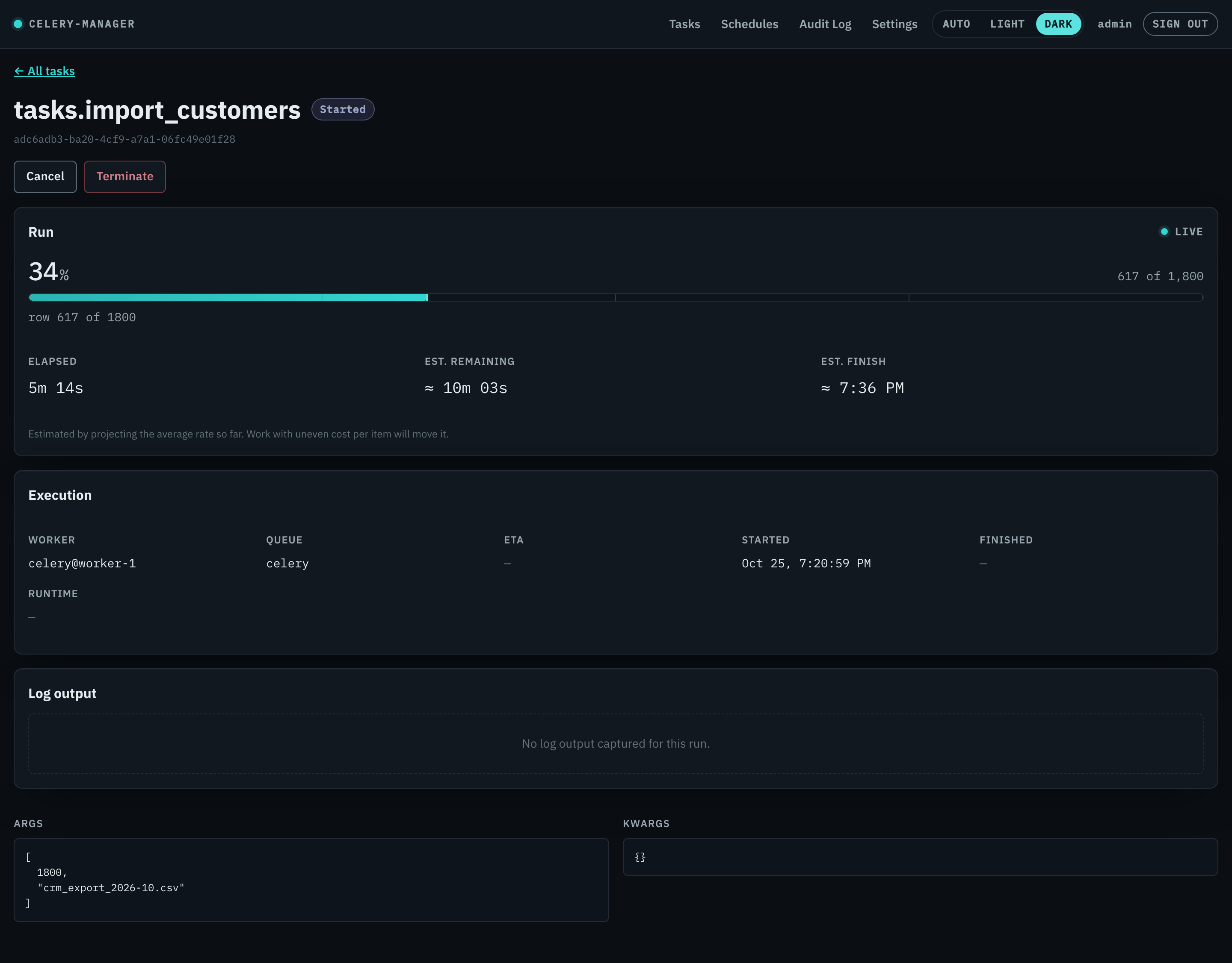 A running import with a live progress bar, with cancel and terminate controls