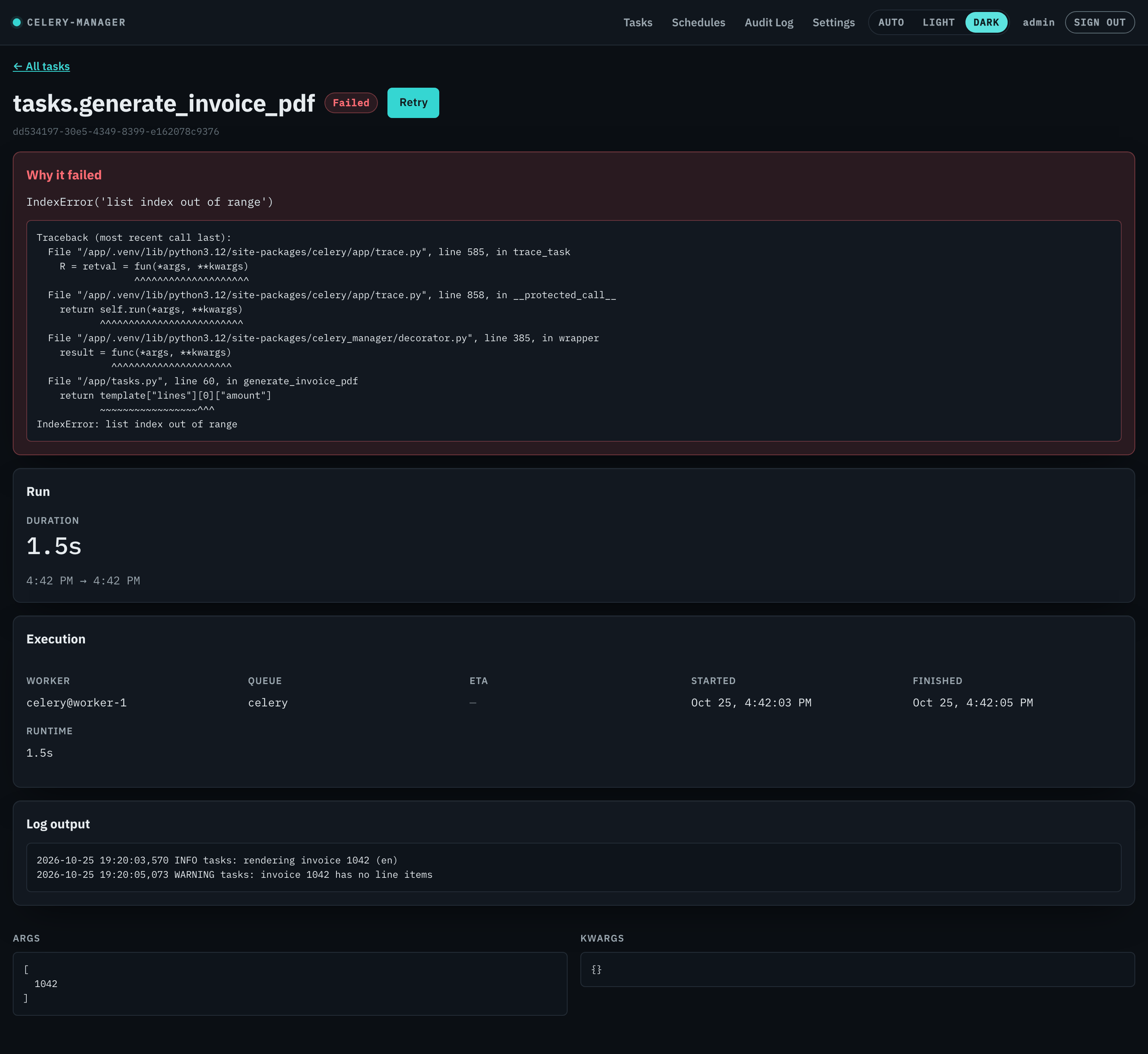 A failed task showing its traceback, captured logs and a Retry button