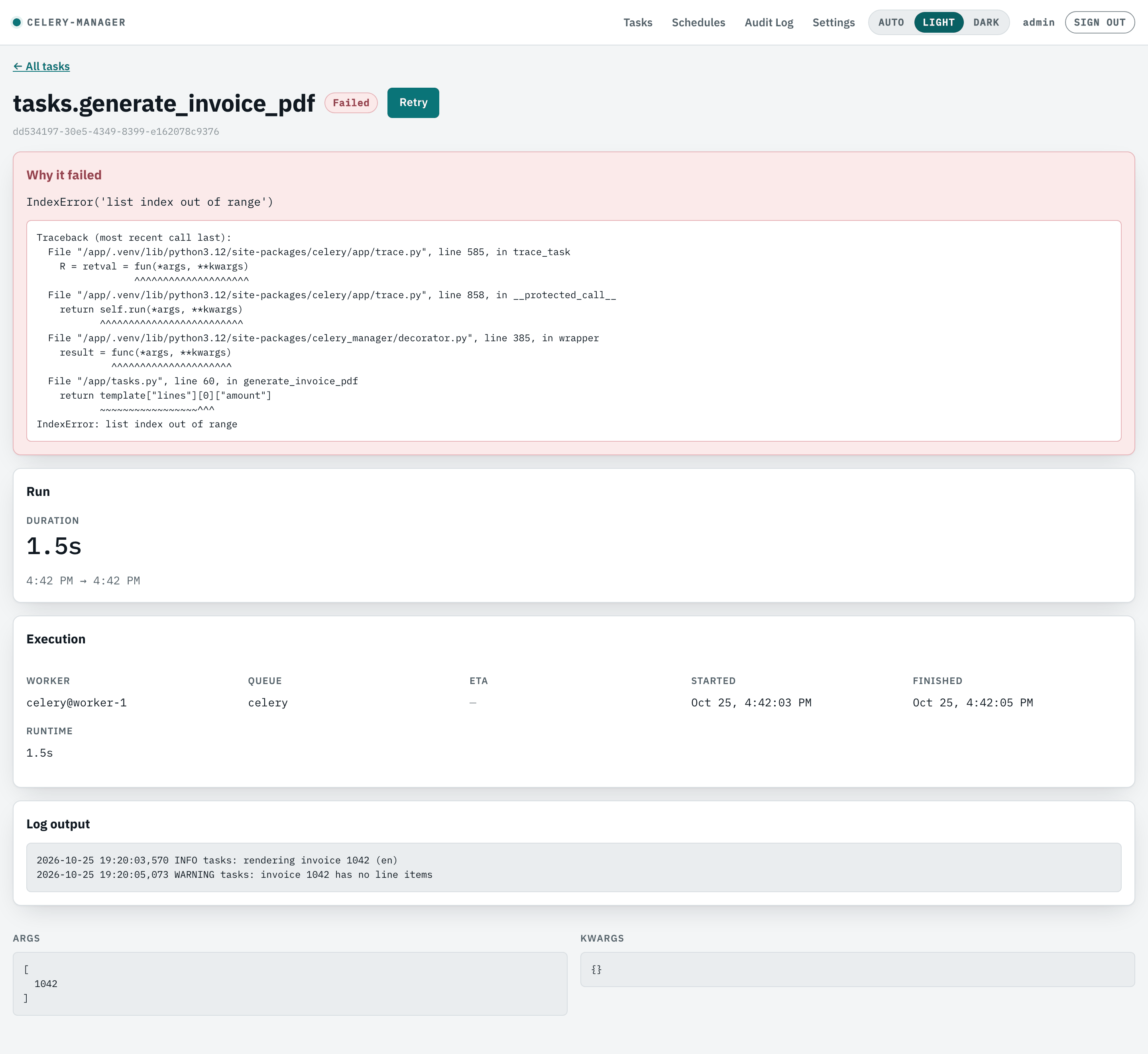 A failed task showing its traceback, captured logs and a Retry button