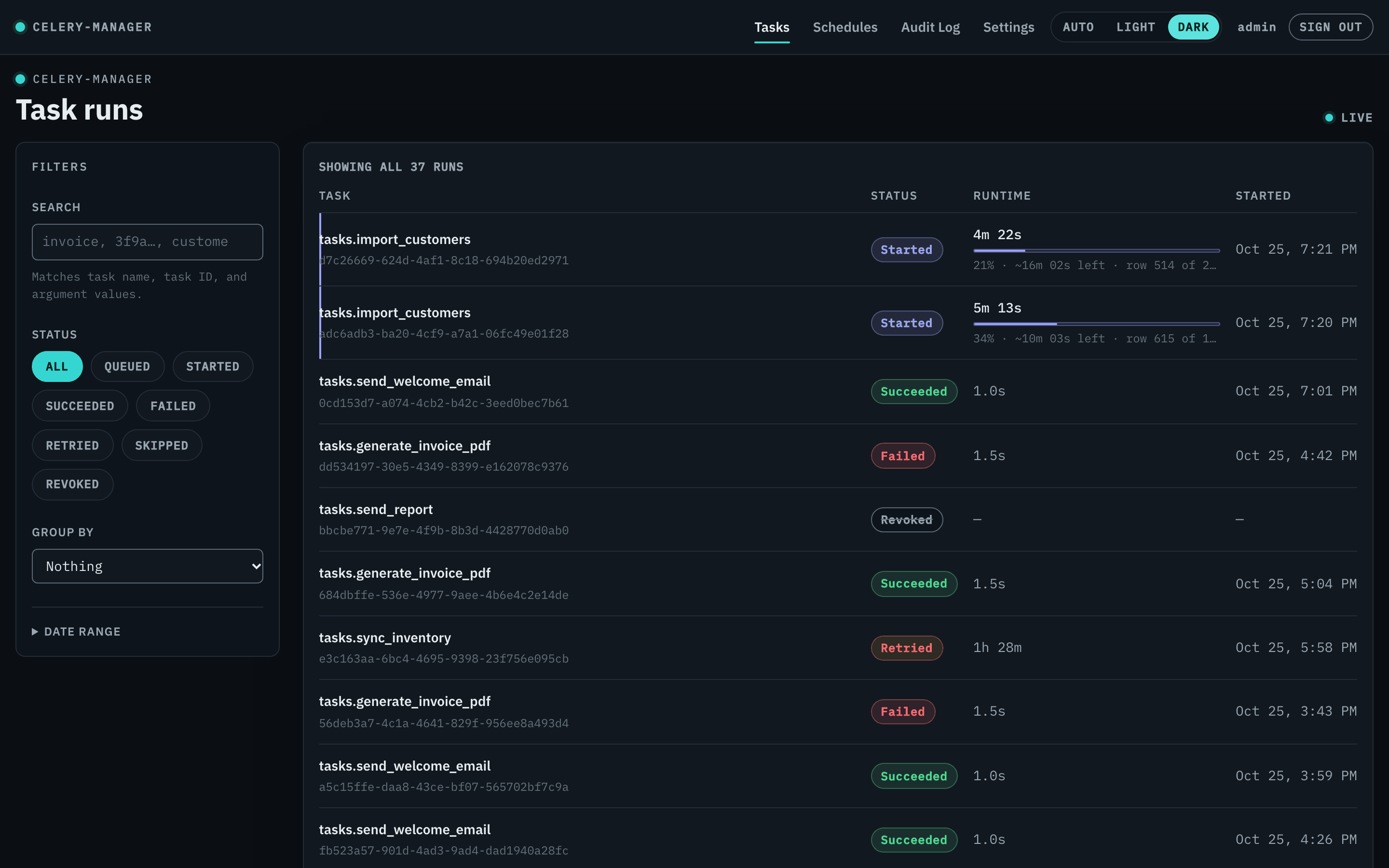 The celery-manager task list: filters, status badges, runtimes and start times
