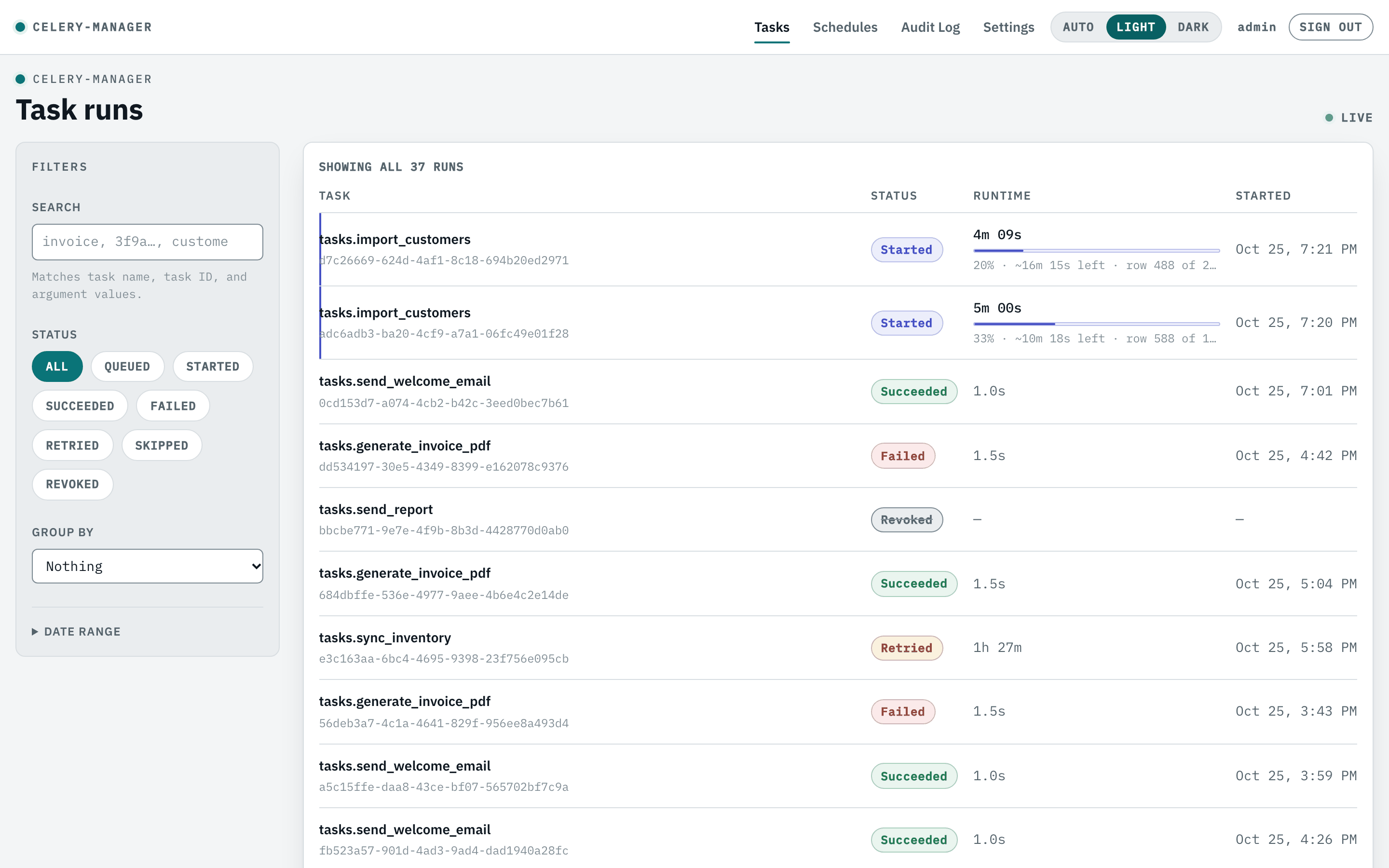 The celery-manager task list: filters, status badges, runtimes and start times