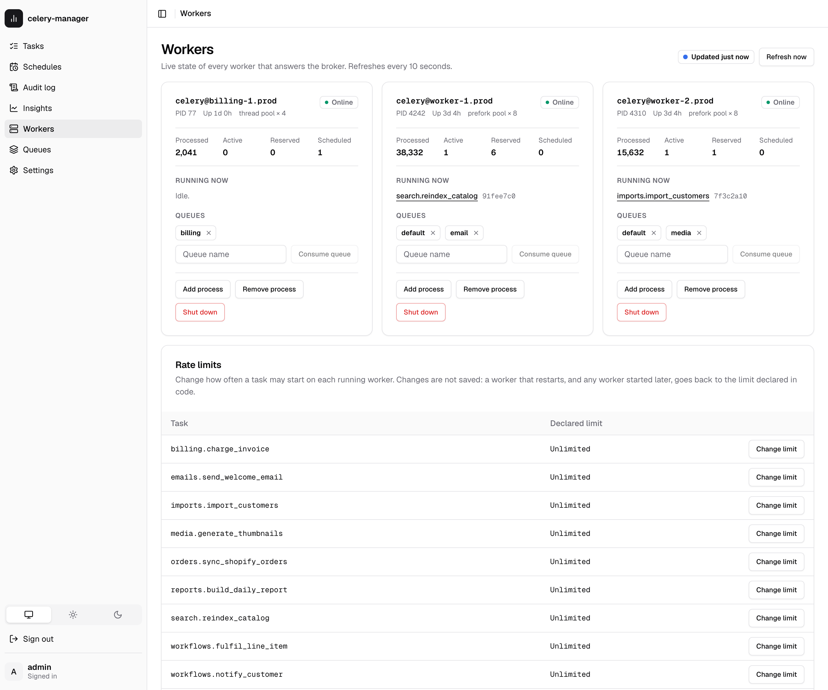 Worker cards with live counts and controls, above the rate limits table