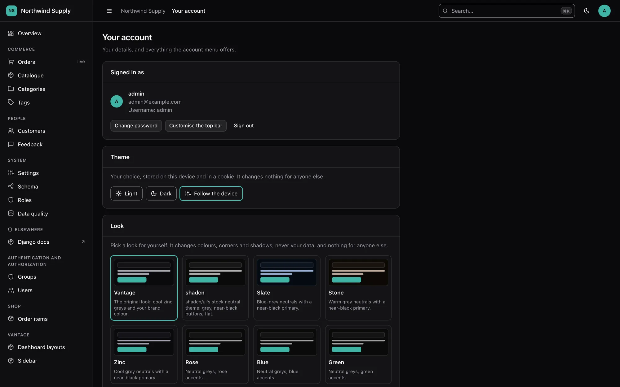 The look picker on the account page