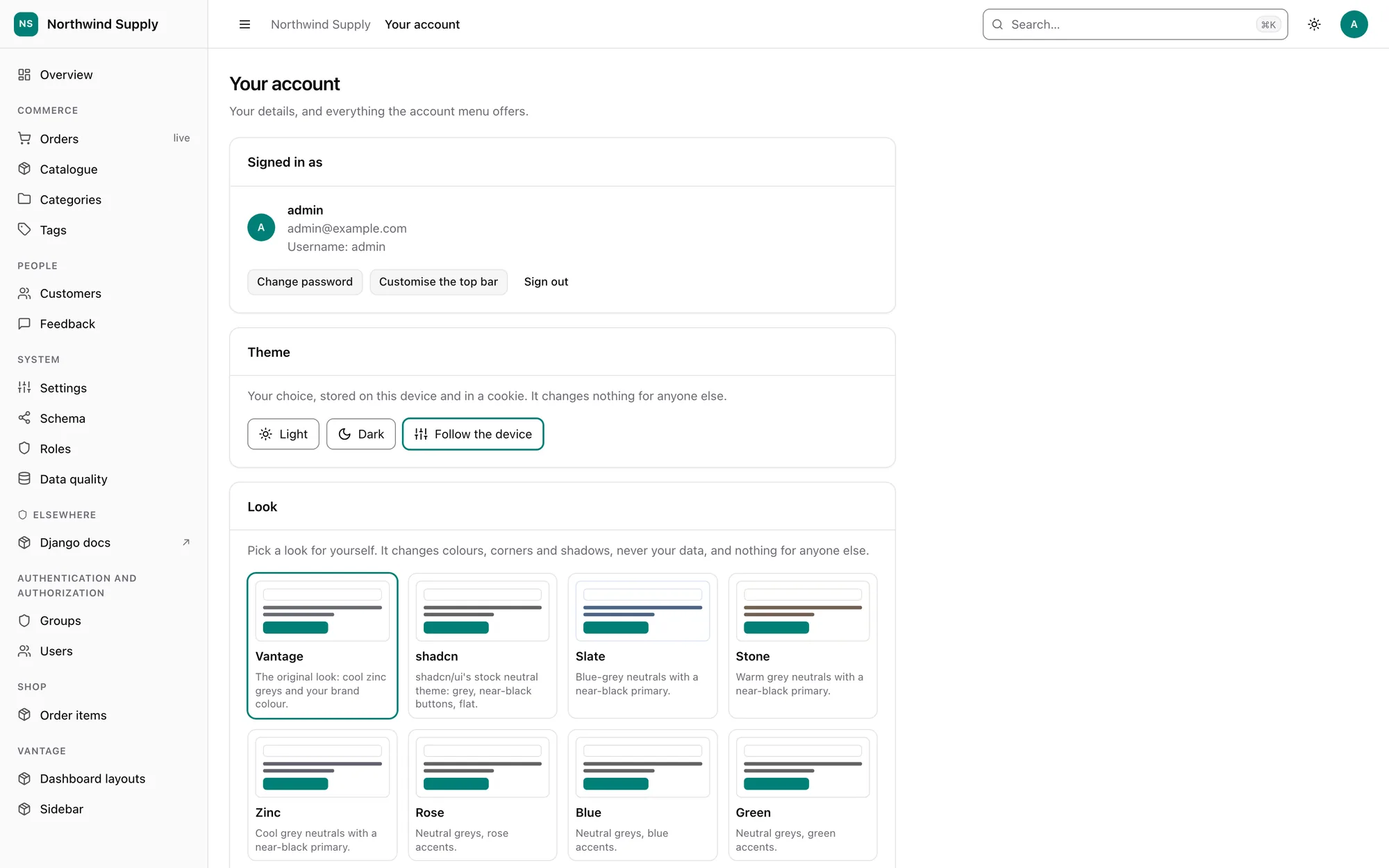 The look picker on the account page